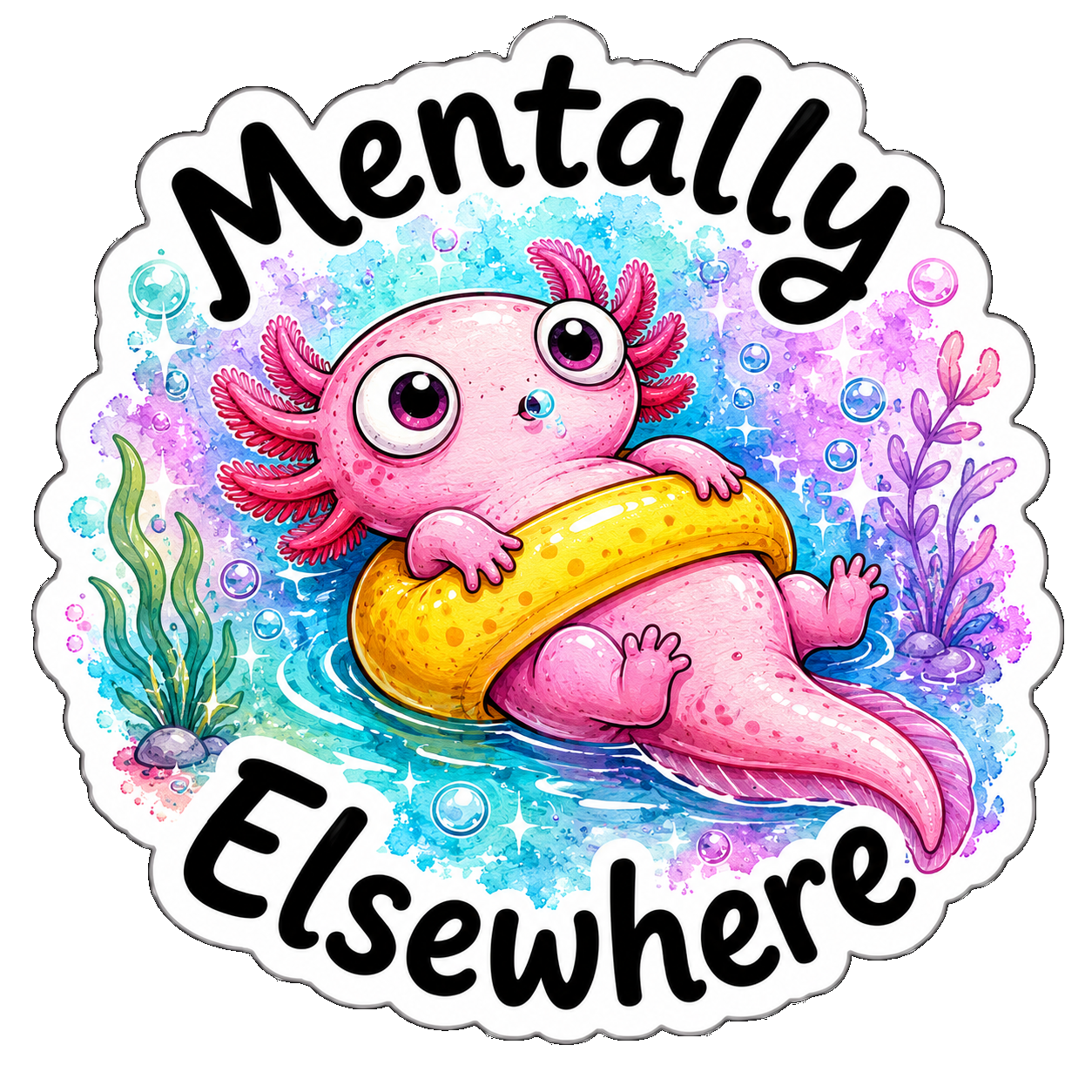 Mentally Elsewhere illustrated sticker design by Little Ink Bear Studio