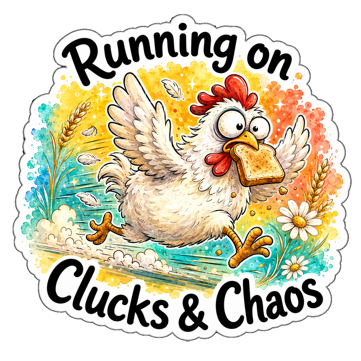 Clucks & Chaos illustrated sticker design by Little Ink Bear Studio