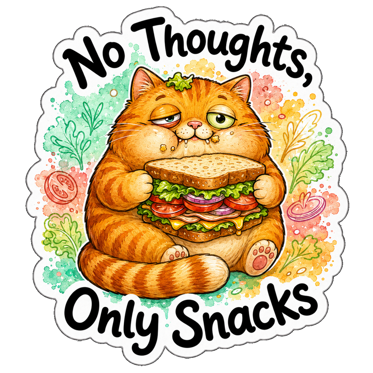 No Thoughts, Only Snacks illustrated sticker design by Little Ink Bear Studio